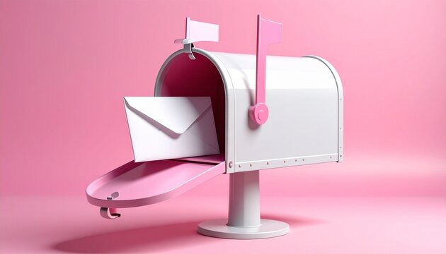 open white mailbox with pink flag and envelope on pink background