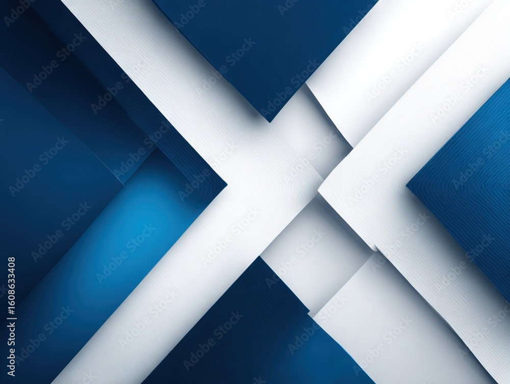 Poster abstract layered composition with intersecting panels in deep blue and white tones forming a bold x-