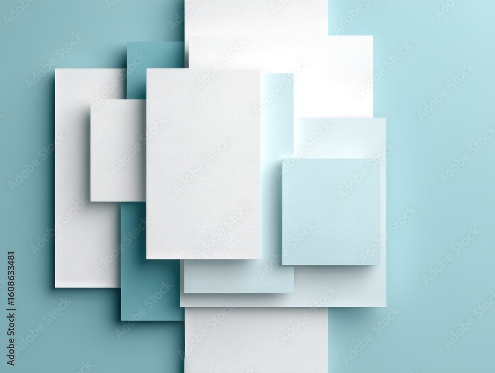 Poster abstract geometric composition with overlapping rectangular panels in white and soft blue tones arra
