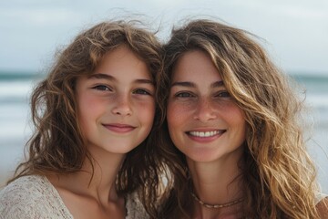 Mother and daughter enjoying their time together by the sea,  the joy of a family holiday at the beach, Generative AI