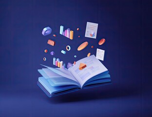 An open book with colorful, 3D shapes floating around it, set against a dark blue backdrop