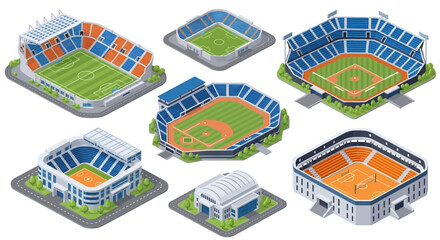 Adobe Illustrator artwork 3D isometric view set of various sports stadiums including soccer, baseball, football, basketball, swimming, and ice hockey arenas. Ideal for sports architecture themes