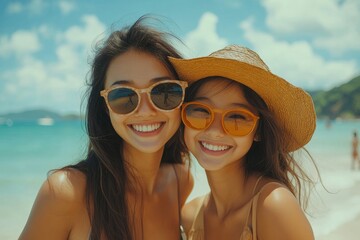 Mother and daughter enjoying their time together by the sea,  the joy of a family holiday at the beach, Generative AI