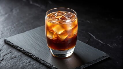 Iced coffee cocktail recipe with vodka and coffee liqueur on dark slate for summer refreshment drink
