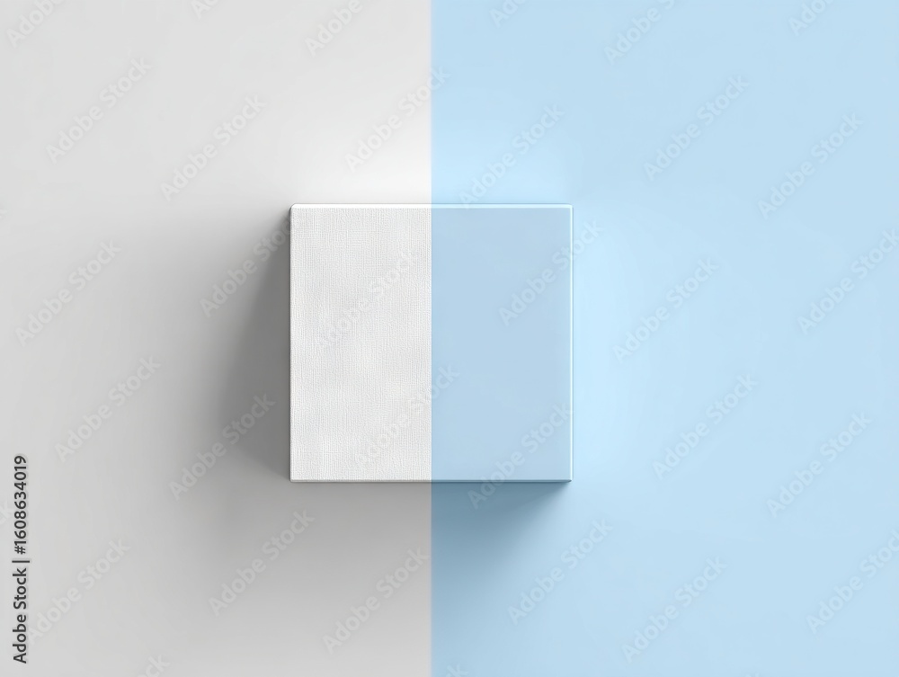 Aufkleber minimalist composition featuring a single centered cube divided into white and soft blue halves plac