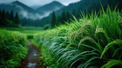 Obraz premium Lush Green Rice Fields in a Mountainous Landscape