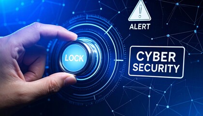 Hand turns lock dial as cyber network displays ALERT and CYBER SECURITY text symbolizing digital threat response
