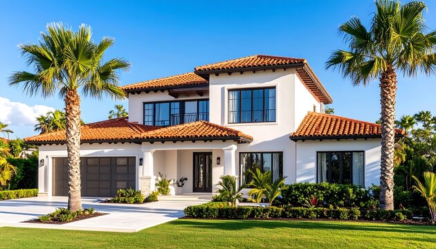 Modern Mediterranean-style home with terracotta roof, pristine white exterior, and lush landscaping.  Large windows and garage