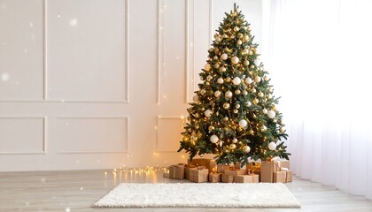 Decorated Christmas tree with gifts at its base, sitting on a rug in front of a white wall and window