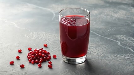 Fresh pomegranate juice in glass healthy drink antioxidant rich ruby red beverage fruit seeds on table