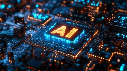Obraz premium AI microchip glowing with orange light on complex digital circuit board, symbolizing cutting-edge artificial intelligence, machine learning, smart computing, innovation in high-performance processors