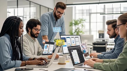 Diverse team working together on laptops - Powered by Adobe