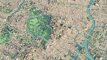 3D render map of Tokyo city view. 3D illustration of a top view of Tokyo, Japan.