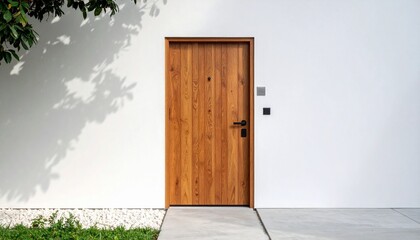 Wooden door framed by minimal white wall and shadowed tree