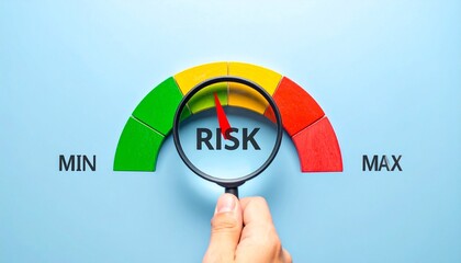 Risk gauge with hand holding magnifying glass over “RISK” label—symbol of risk assessment and decision awareness