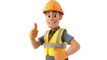 Cartoon pastel construction worker wearing helmet and reflective vest giving thumbs up 