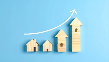 Four ascending wooden house models with upward arrow on blue backdrop—symbol of real estate growth, housing market trends
