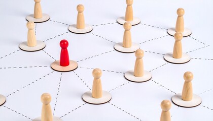 Wooden network of beige and red figures on circular bases connected by dashed lines