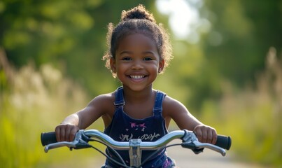 Obraz premium Inclusive concept of a happy young Black child learning to ride a bike outdoors in a park on a sunny day. The image emphasizes physical activity and the importance of inclusion, Generative AI