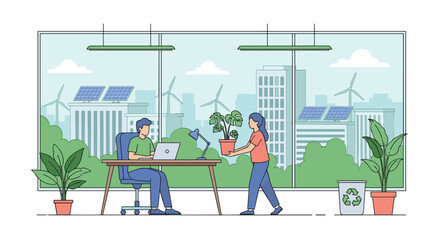 Sustainable office environment featuring renewable energy and green practices for a healthier workplace