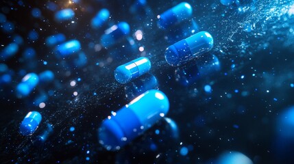 Floating blue pills illuminated by scattered glowing particles represent futuristic medicine, biotechnology research, pharmaceutical innovation, digital transformation in modern drug delivery systems.