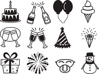 Birthday celebration icons with cake champagne and gifts