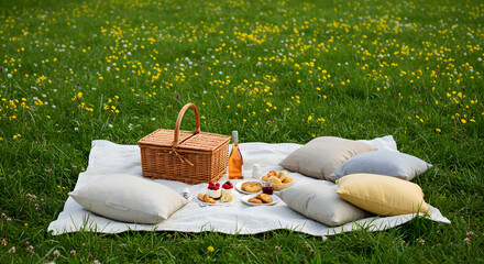A cozy picnic setup with a blanket and basket spring meadow backdrop