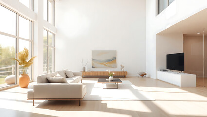 Fototapeta premium Spacious modern living room with high ceilings and natural light