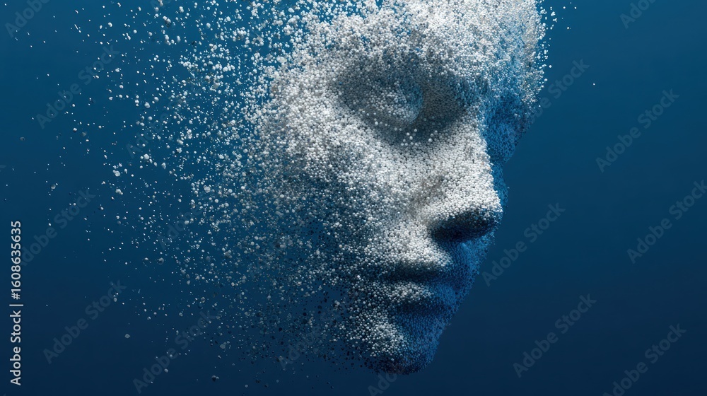 Aufkleber digital render of a human face partially disintegrating into particles, set against a blue backgroun