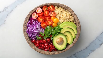 Healthy quinoa bowl recipe with avocado tomatoes cabbage and pomegranate for balanced diet and nutrition