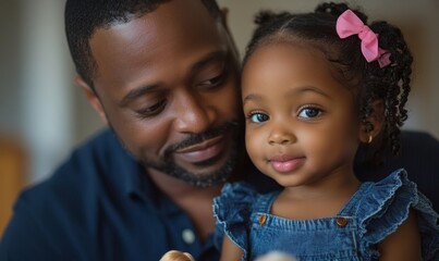 Candid African American father and daughter playing with dolls and bonding on Fathers Day, symbolizing love, nurturing, and quality time spent together in an inclusive family setting, Generative AI