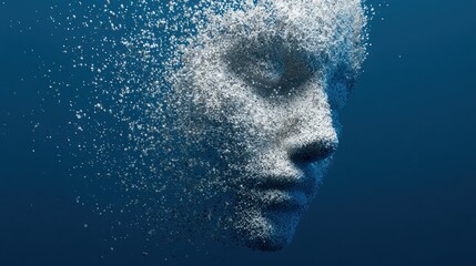 Digital render of a human face partially disintegrating into particles, set against a blue background