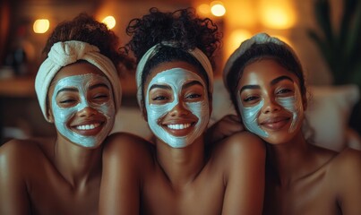 Obraz premium Young Black female friends having a pamper session night together, enjoying wellness activities such as skincare and face masks. A fun and nurturing way to relax and maintain wellness, Generative AI