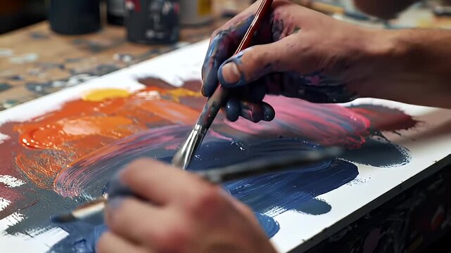 Hands mixing vibrant paint colors