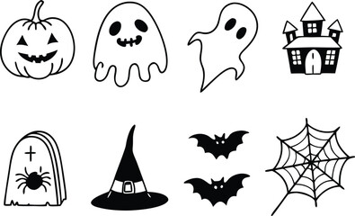 Halloween icons pumpkin ghost haunted house bats spiderweb witch hat