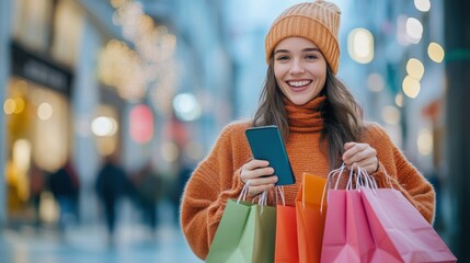 Smiling young woman shopper customer standing on city street holding shopping bags and smartphone. Sale ecommerce app. Consumerism, black Friday. Online shopping.