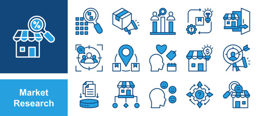 Market Research icon set with Sampling, Brand awareness, Competitor analysis, Product development, Consumer behavior, Focus group, Market segmentation, Data collection.