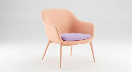 A modern pastel peach chair with a lavender cushion white floor
