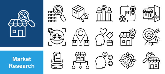 Market Research icon set with Sampling, Brand awareness, Competitor analysis, Product development, Consumer behavior, Focus group, Market segmentation, Data collection.