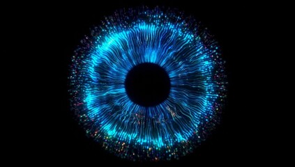Glowing blue cybernetic iris, digital particle trails in a sci-fi concept of artificial intelligence, biometric scanning, machine vision or futuristic optical technology interface in dark background