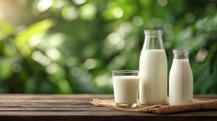 Fresh milk bottles and glass on wooden table offer healthy dairy beverage nutrition for breakfast drink