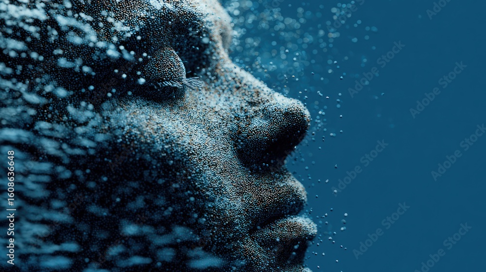 Poster profile view of a human face seemingly dissolving into particles with a deep blue background