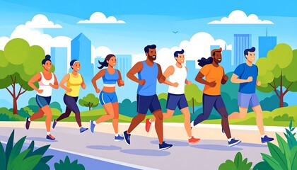 Diverse group jogging in a city park on a sunny day