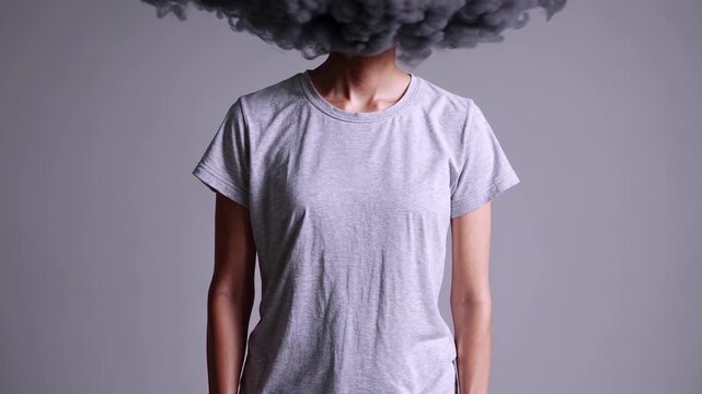Person with clouded head depicting confusion and stress in artistic expression