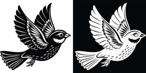 Two birds in a beautiful mid air pose, showcasing the elegance of their flight and delicate features in black and white art