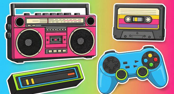 Nostalgic 80s and 90s Retro Gadgets Composition with Vibrant Colors and Vintage Appeal - Powered by Adobe