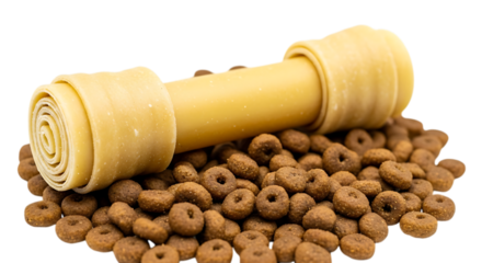 Dog chew bone resting on pile of dry kibble isolated on a transparent background treat