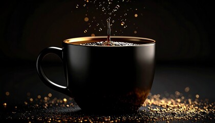 Dark mug, golden rim, coffee pouring, dark background, gold sprinkles