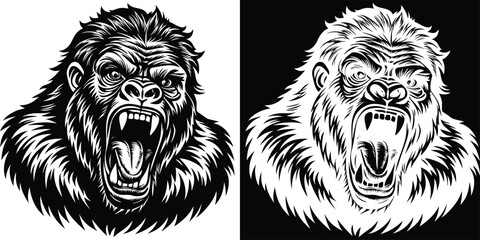 A dramatic black and white drawing of a lion and a gorilla, both with fierce expressions, highlighting the strength and power of these wild creatures.