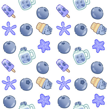 Cute Refreshing Summer Blueberry Theme Seamless Pattern - Ice-cream, Fruit, Flower, Drinks, Starfish Element with Transparent Background